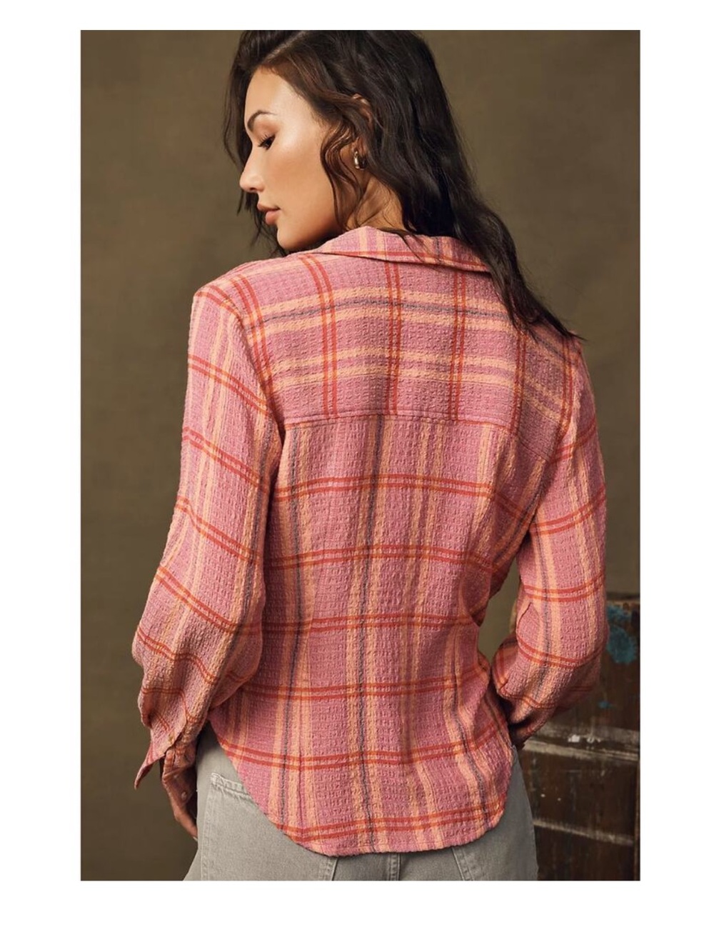 Anthropologie Pilcro Ruched Deep V-Neck Pink Buttondown Plaid Blouse Women’s M - Picture 3 of 10